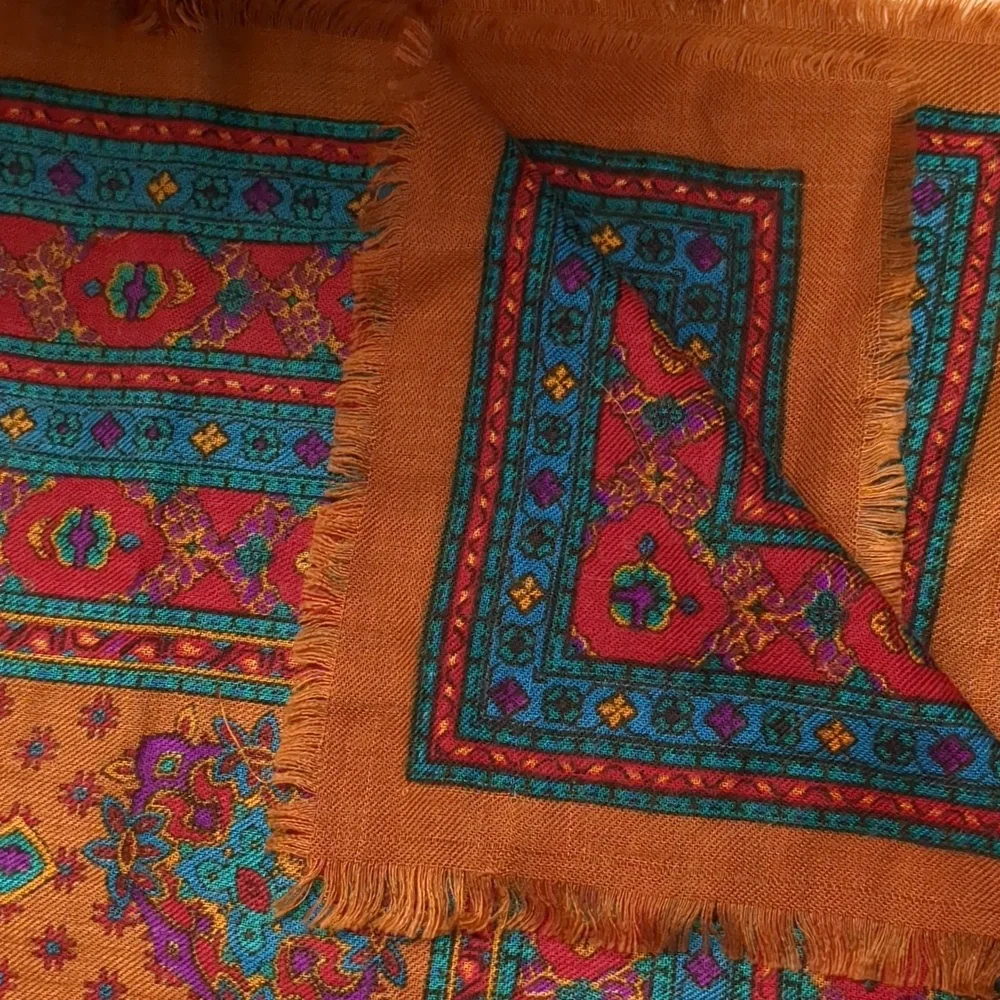 Vintage Women's Paisley Scarf W/ Fringe Edges Brown Teal Old Money Preppy